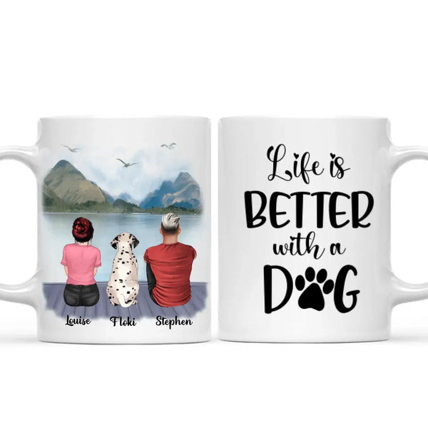 Load image into Gallery viewer, Couple &amp; Dogs - Life is better with a dog Personalised Mug
